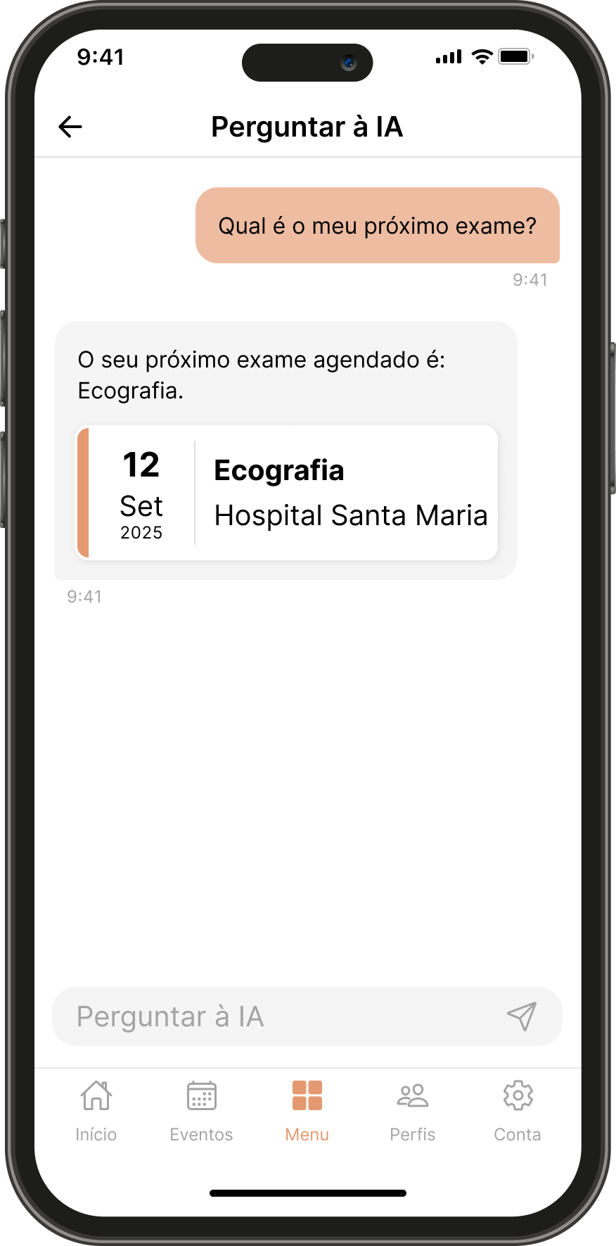 Ecrã do assistente de IA da Telos Care